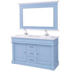 Dulap baie cu 2 lavoare, cu oglinda, lavoar inclus in pret, sertare cu sine, culoare gri deschis P080, culoare corp albastru P053, dublu color, 100% lemn masiv