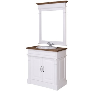 Dulap baie, blat stejar cu un lavoar si oglinda mica, lavoar inlcus in pret, culoare top natural maro inchis P064, culoare corp alb P004, dublu color, 100% lemn masiv