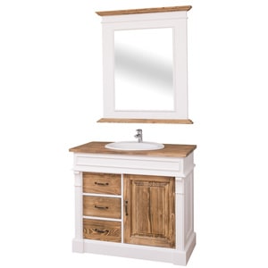 Dulap baie ornamentat cu 3 sertare pe sine si 1 usa + oglinda - lavoar inclus in pret, culoare top maro P064, culoare corp alb P004, culoare usi si sertare maro, dublu color, 100% lemn masiv
