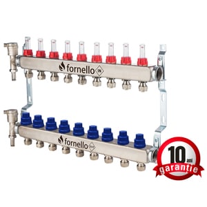 Distribuitor-Colector Fornello, echipat cu debitmetre, robineti si aerisitoare, inox, filet interior, 9 cai, 1"