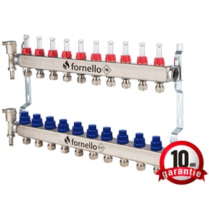 Distribuitor-Colector Fornello, echipat cu debitmetre, robineti si aerisitoare, inox, filet interior, 10 cai, 1"
