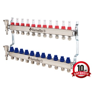 Distribuitor-Colector Fornello, echipat cu debitmetre, robineti si aerisitoare, inox, filet interior, 11 cai, 1"