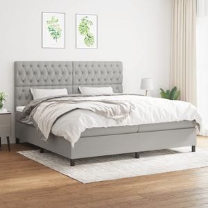 Pat box spring cu saltea, 200 x 200 cm, textil, gri deschis