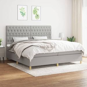 Pat box spring cu saltea, 200 x 200 cm, textil, gri deschis