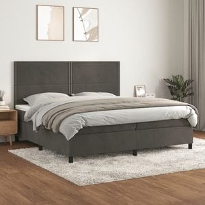 Pat box spring cu saltea, 200 x 200 cm, catifea, gri inchis