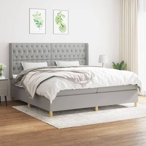 Pat box spring cu saltea, 200 x 200 cm, textil, gri deschis