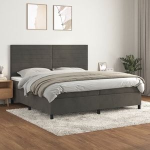 Pat box spring cu saltea, 200 x 200 cm, catifea, gri inchis