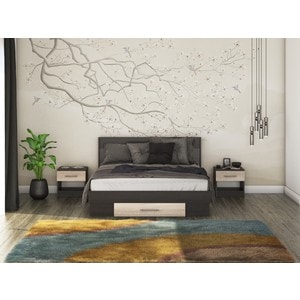 Mobila dormitor Beta, pat 140 x 200 cm, saltea, 2 noptiere, wenge-sonoma