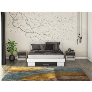 Mobila dormitor Beta, pat 140 x 200 cm, saltea, 2 noptiere, alb-wenge