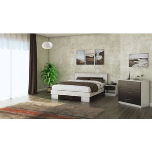 Mobila dormitor Beta, pat 140 x 200 cm, comoda, 2 noptiere, alb-wenge