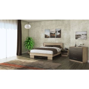 Mobila dormitor Beta, pat 140 x 200 cm, comoda, 2 noptiere, sonoma-wenge