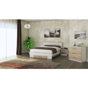 Mobila dormitor Beta, pat 140 x 200 cm, comoda, 2 noptiere, alb-sonoma
