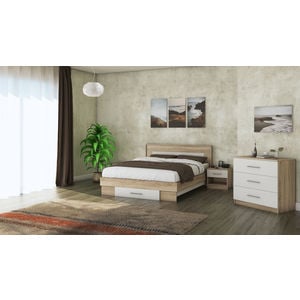 Mobila dormitor Beta, pat 140 x 200 cm, comoda, 2 noptiere, sonoma-alb