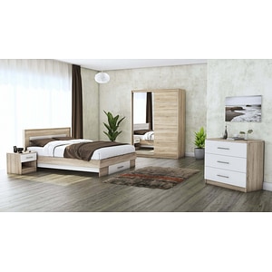 Set Dormitor Beta, Sonoma/Alb, Dulap 150 cm, Pat 160x200 cm, 2 noptiere, comoda