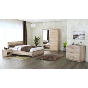 Set Dormitor Beta, Sonoma, Dulap 150 cm, Pat 160x200 cm, 2 noptiere, comoda