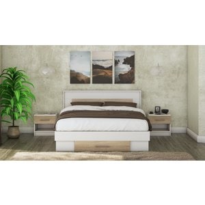 Mobila dormitor Beta, pat 140 x 200 cm, 2 noptiere, alb-sonoma
