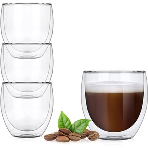 Set 4 pahare din sticla cu pereti dubli, Quasar & Co., 250 ml, termorezistente, design modern, h 9 cm, d 8 cm