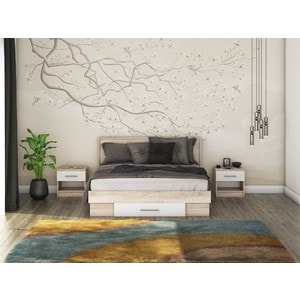 Mobila dormitor Beta, pat 160 x 200 cm, saltea, 2 noptiere, sonoma-alb