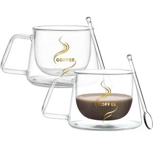 Set 2 cesti cu pereti dubli si 2 lingurite, Quasar & Co., model COFFEE, termorezistenta, lingurita ceai/cafea, 200 ml, sticla, transparent
