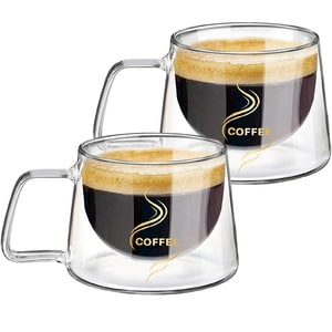 Set 2 cesti cafea, Quasar & Co., 200 ml, din sticla cu pereti dubli, termorezistenta, mesaj COFFEE, d 7.8 x h 7 cm