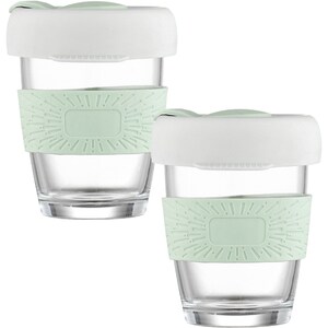 Set 2 pahare cafea/ceai, Quasar & Co., model To Go, cu protectie termica si capac din silicon, sticla, 320 ml, alb fumuriu/verde
