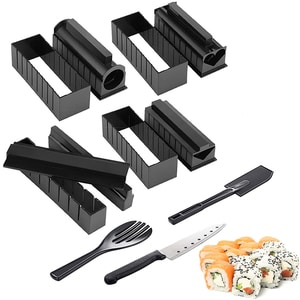 Set preparare sushi 11 piese, Quasar & Co., 2 spatule, 8 forme diferite si cutit, plastic, negru