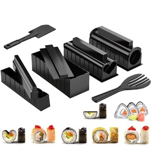Set preparare sushi, Quasar & Co., 2 spatule si 8 forme diferite, plastic, negru
