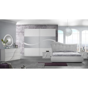 Dormitor Mabel , alb, pat 160x190 cm, dulap cu 2 usi culisante, 2 noptiere, comoda