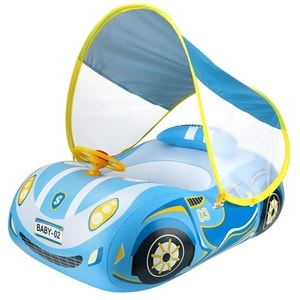 Colac inot cu parasolar pentru bebelusi si copii, masina gonflabila, albastru, potrivit 1-4 ani, bebeLOGIC