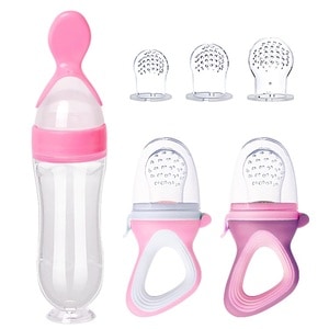 Set de distribuire a alimentelor pentru bebelusi, 1 lingurita cu rezervor, 2 suzete, 3 tetine, 4luni+, roz, bebeLOGIC