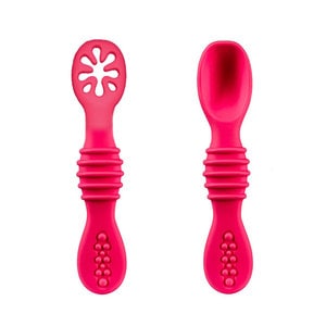 Set 2 pre-lingurite pentru diversificare si intarcare, 4-24 luni, silicon fara BPA, striatii antialunecare, roz, bebeLOGIC