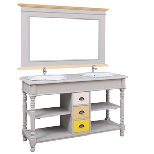 Dulap baie cu 3 sertare, picioare rotunjite, cu 2 lavoare- incluse in pret + oglinda, culoare corp gri P076, culoare sertare multicolor, multicolor, 100% lemn masiv