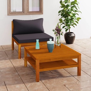 Set canapea de gradina, 2 piese, perne gri inchis, lemn acacia
