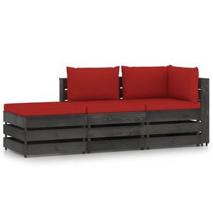 Set mobilier gradina cu perne, 3 piese, gri, lemn tratat
