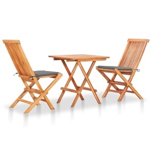 Set mobilier de bistro cu perne gri, 3 piese, lemn masiv de tec