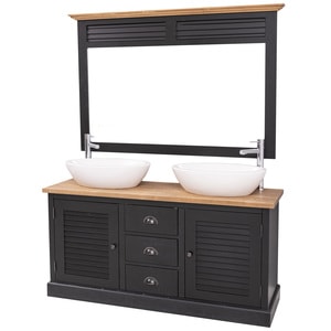 Dulap baie cu 2 usi lamelare, cu lavoare si oglinda lata cu design shutter, culoare top maro deschis P001, culoare corp negru P003, dublu color, 100% lemn masiv