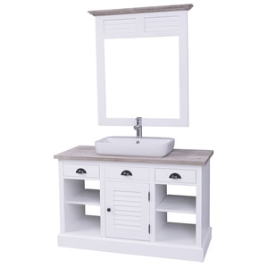 Dulap baie cu 1 usa lamelara, sertare pe sine + oglinda, culoare top gri P067, culoare corp alb P004, dublu color, 100% lemn masiv