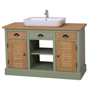 Dulap baie cu 2 usi lamelare, culoare top+sertare+usii maro P002, culoare corp verde P054, dublu color, 100% lemn masiv