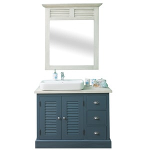Dulap baie cu 2 usi lamelare, 3 sertare cu oglinda cadru stutter, culoare corp albastru inchis P051, culoare top gri P090, dublu color, 100% lemn masiv