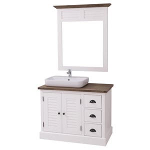 Dulap baie cu 2 usi lamelare, 3 sertare cu oglinda cadru stutter , blat stejar, culoare corp alb, culoare top maro, dublu color, 100% lemn masiv