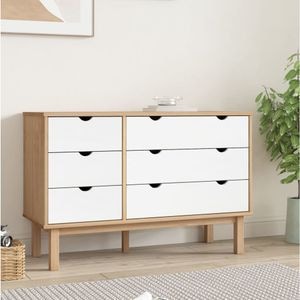 Comoda cu sertar, maro si alb, 113,5x39,5x73 cm, lemn masiv pin, sol-348587