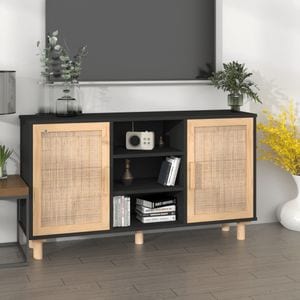 Servanta, negru, 105x30x60 cm, lemn masiv pin si ratan natural, sol-345640