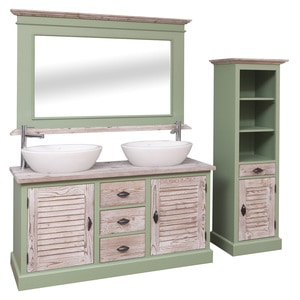 Set Mobilier baie cu usi lamelare, sertare cu sine, + oglinda, culoare top maro deschis P071, culoare corp verde P054 - dublu color, 100% lemn masiv