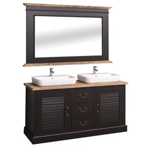 Dulap baie cu 2 usi lamelare + oglinda, sertare cu sine, culoare top maro P064, culoare corp negru P003, dublu color, 100% lemn masiv