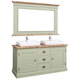 Dulap baie cu 2 usi lamelare + oglinda, sertare cu sine, culoare top maro P064, culoare corp verde deschis P054, dublu color, 100% lemn masiv