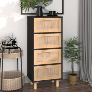 Servanta, negru, 40x30x90 cm, lemn masiv pin si ratan natural, sol-345643