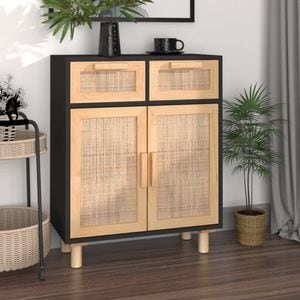 Servanta, negru, 60x30x75 cm, lemn masiv pin si ratan natural, sol-345637