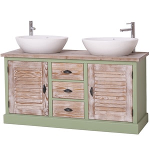 Dulap baie cu 2 usi lamelare, culoare top maro P071, culoare corp verde P054, culoare usi si sertare P071, culoare dublu color, 100% lemn masiv
