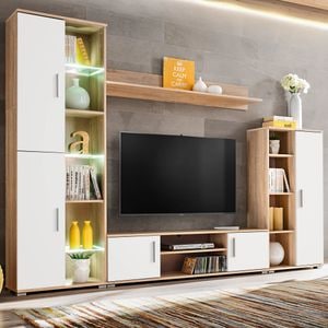 Mobila de perete cu spatiu TV, iluminare LED, stejar sonoma, sol-246030