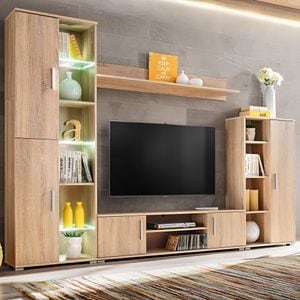 Mobila de perete cu spatiu TV, iluminare LED, stejar sonoma, sol-246029
